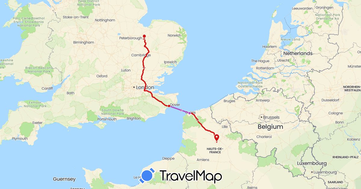 TravelMap itinerary: driving, train, red nedd in France, United Kingdom (Europe)