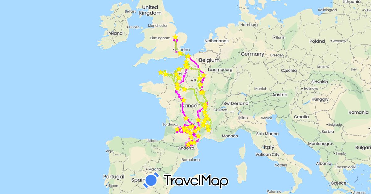 TravelMap itinerary: driving, motorhome, trip 2 in France, United Kingdom (Europe)