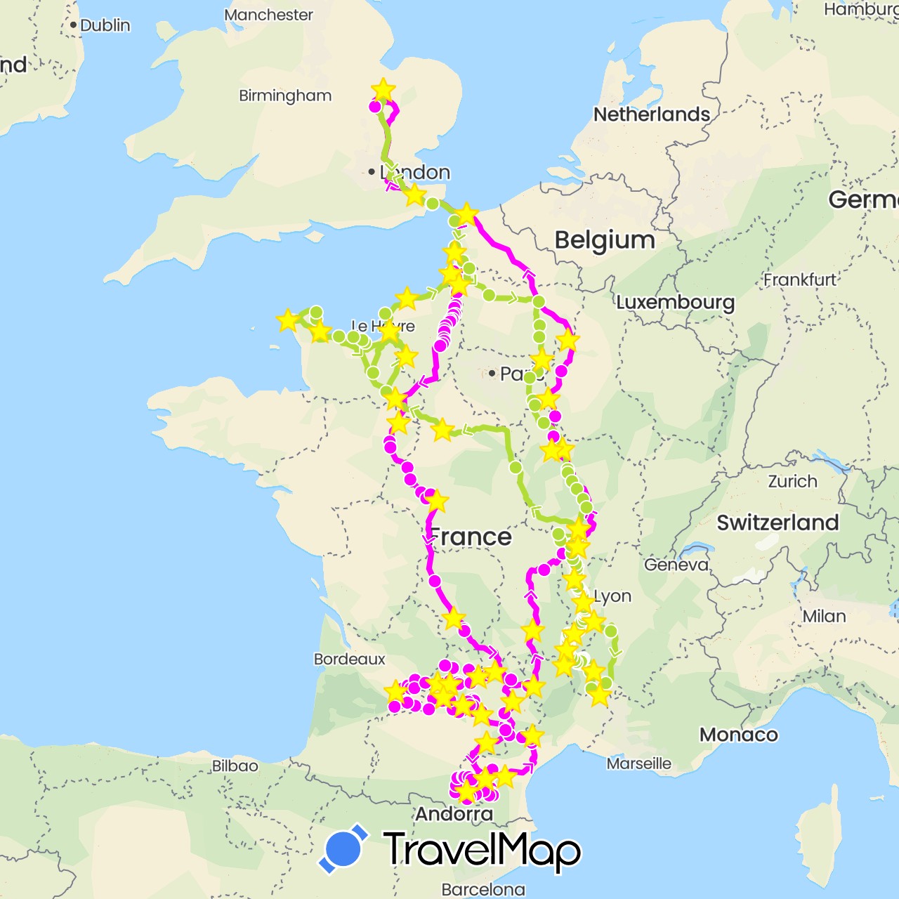 TravelMap itinerary: driving, motorhome, trip 2 in France, United Kingdom (Europe)